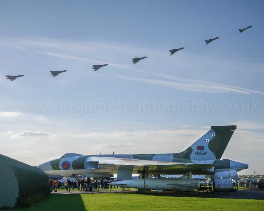 Avro Vulcan B2 XH558 flying over Vulcan XM594 at Newark Air Museum on one of its final flights © Chris James