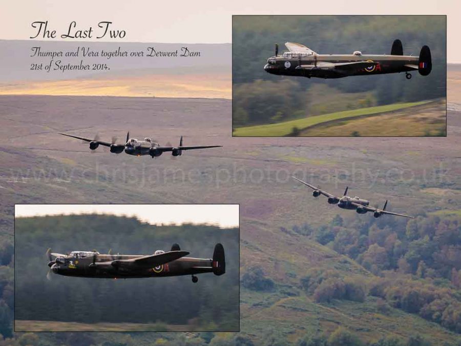 The last two airworthy Lancaster bombers flying over Derwent Dam in the Peak District - commemorative print © Chris James